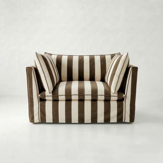 Coco Loveseat with Self Piped Knife Edge cushion in Chocolate Stripes - Hand Made in USA