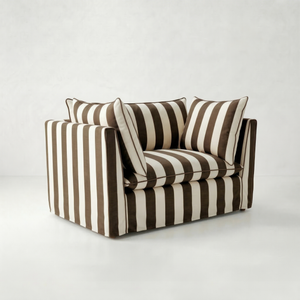 Coco Loveseat with Self Piped Knife Edge cushion in Chocolate Stripes - Hand Made in USA