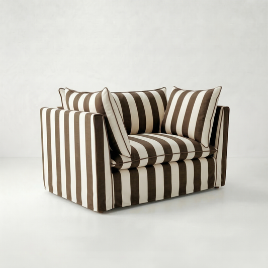 Coco Loveseat with Self Piped Knife Edge cushion in Chocolate Stripes - Hand Made in USA
