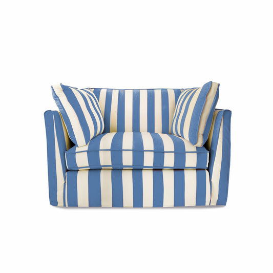 Coco Loveseat with Self Piped Box Edge cushion in Cornish Blue Stripes  - Hand Made in USA