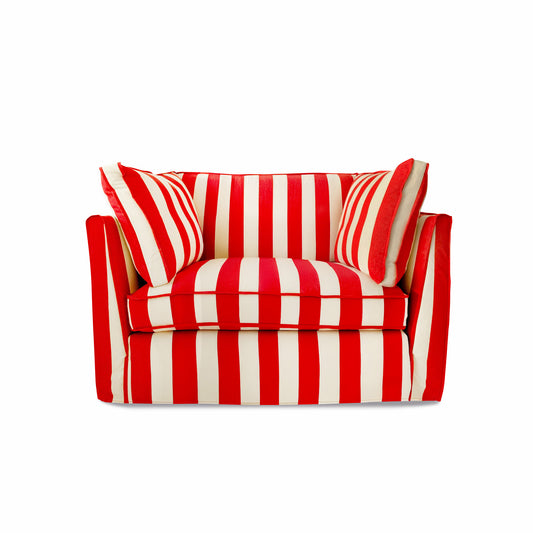 Coco Loveseat with Self Piped Box Edge cushion in Petunia Stripes - Hand Made in USA