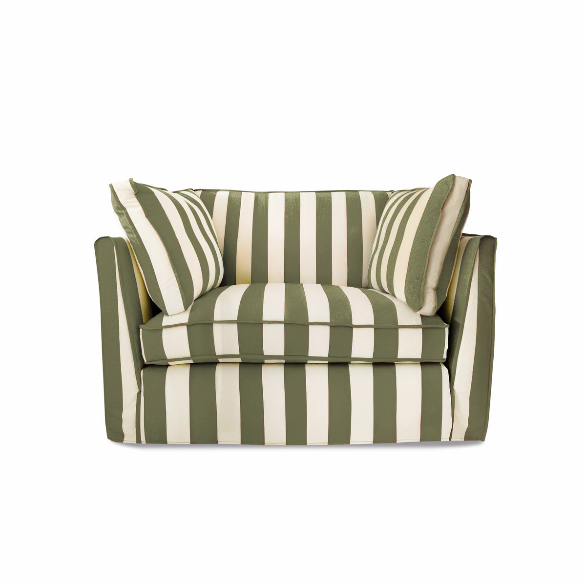 Coco Loveseat with Self Piped Box Edge cushion in Spring Green Stripes - Hand Made in USA