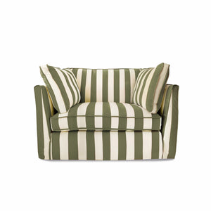 Coco Loveseat with Self Piped Box Edge cushion in Spring Green Stripes - Hand Made in USA