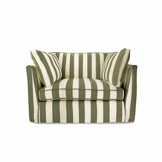 Coco Loveseat with Self Piped Box Edge cushion in Spring Green Stripes - Hand Made in USA