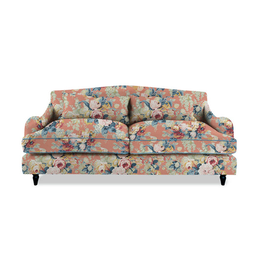 Felix 3 seater sofa in English Garden Coral Orange with Velvet Trim - Hand Made in USA