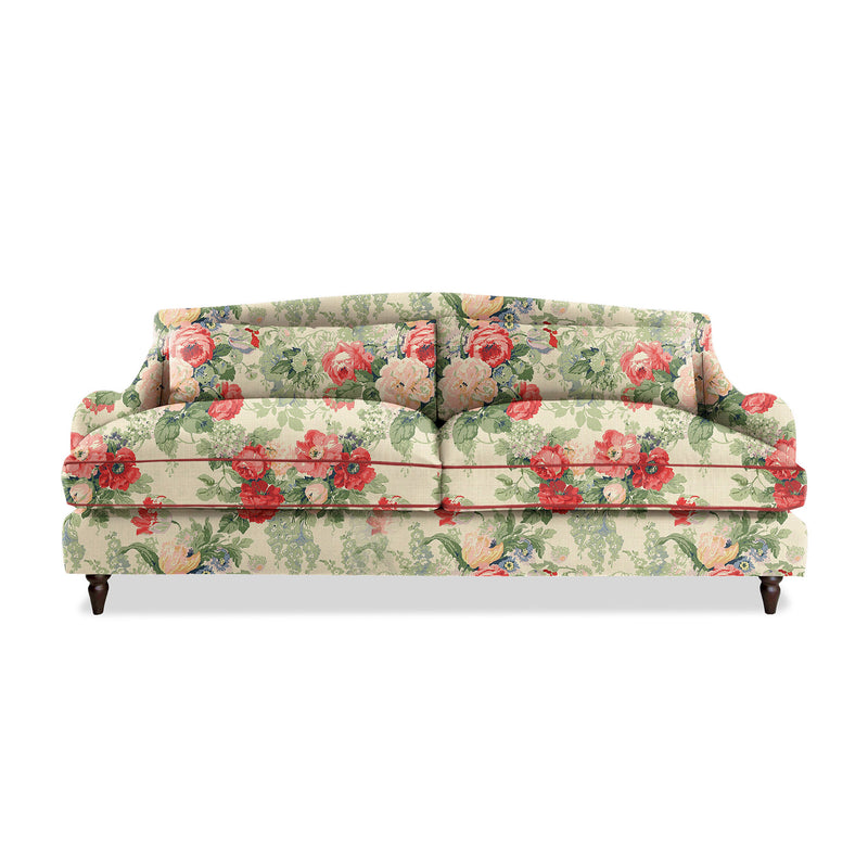 Felix 4 seater sofa in Natural Linen English Garden Classic Rose with Velvet Trim - Hand Made in USA