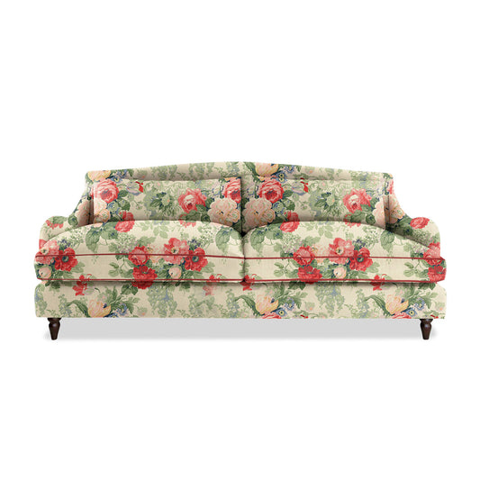 Felix 4 seater sofa in Natural Linen English Garden Classic Rose with Velvet Trim - Hand Made in USA