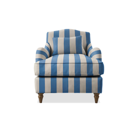 Isobel Armchair with Fixed Back in Cornish Blue Stripes - Hand Made in USA