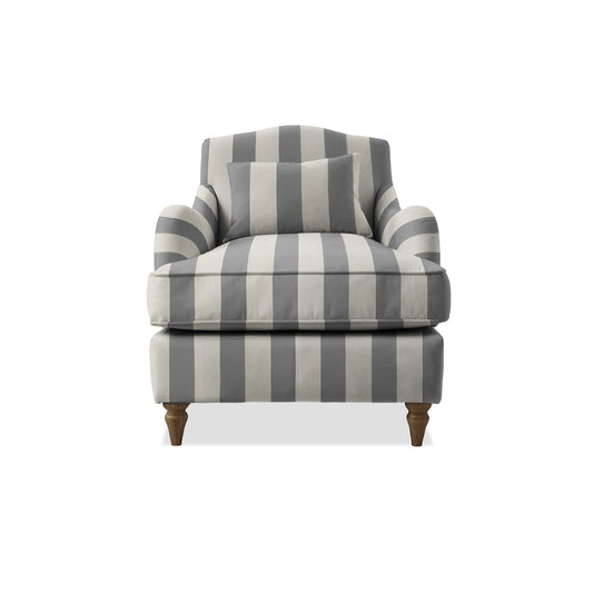 Isobel Armchair with Fixed Back in Garden Grey Stripes - Hand Made in USA
