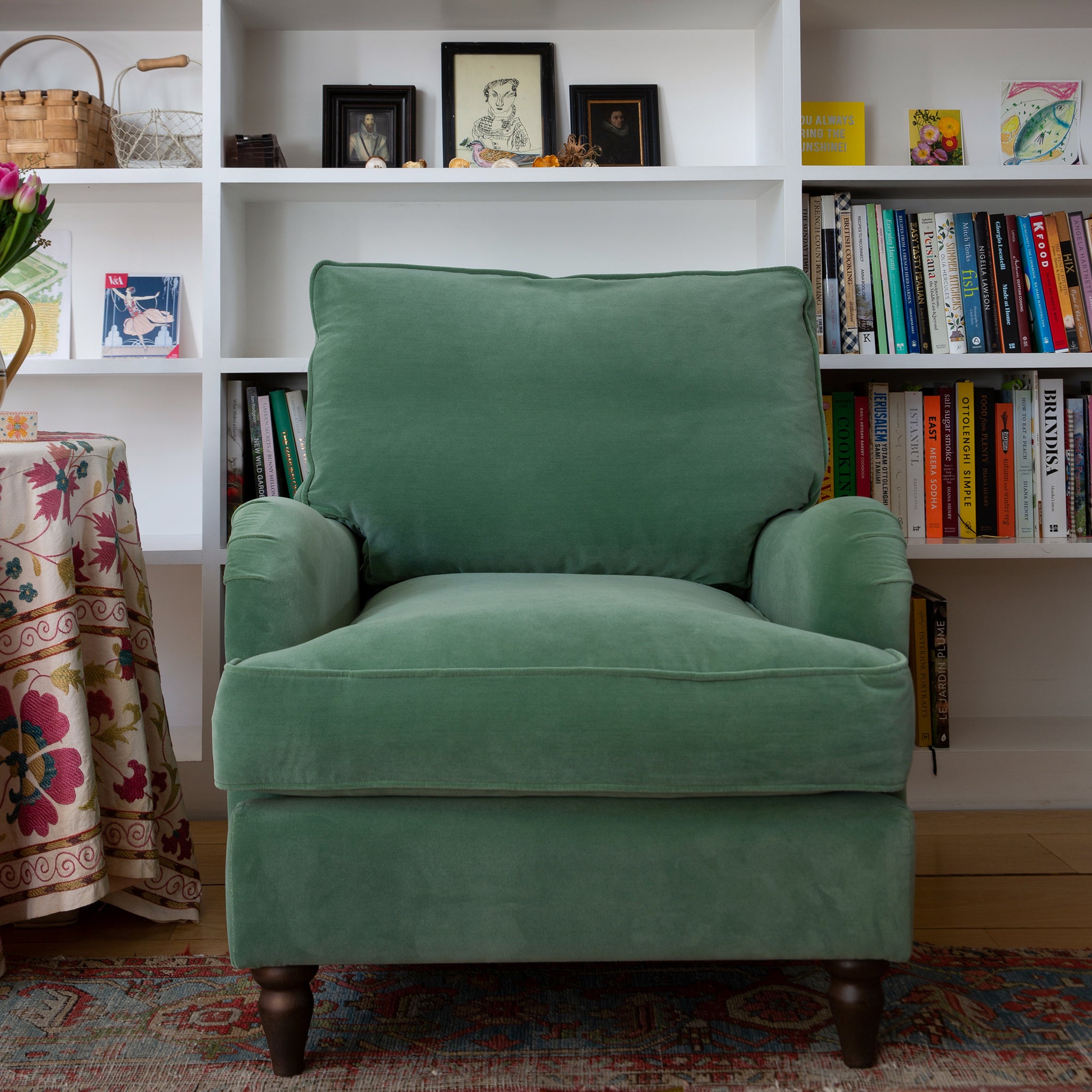Felix Armchair with Loose Back Cushion in Sea Green Velvet – sophieconran