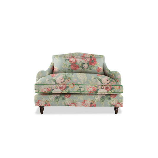 Felix Loveseat in Natural Linen English Garden Grey Skies with Velvet Trim - Hand Made in USA