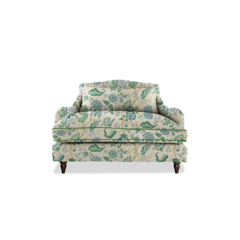 Felix Loveseat in Natural Linen Kitty Blue Green with Velvet Trim - Hand Made in USA