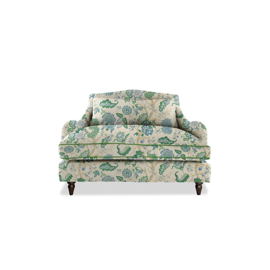 Felix Loveseat in Natural Linen Kitty Blue Green with Velvet Trim - Hand Made in USA