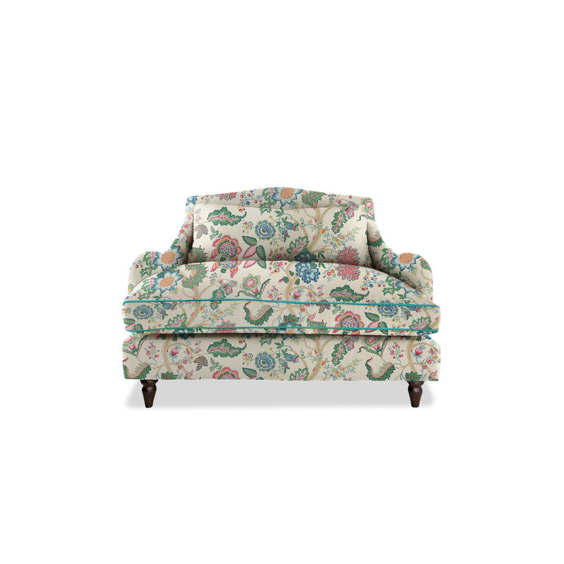 Felix Loveseat in Natural Linen Kitty Spring Green with Velvet Trim - Hand Made in USA