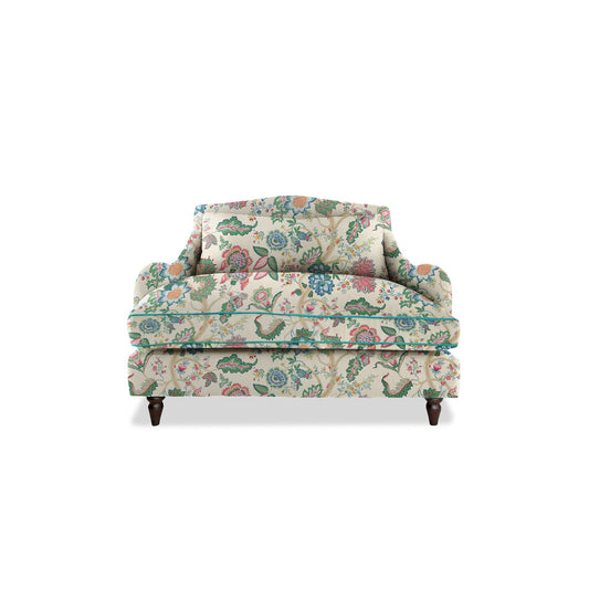 Felix Loveseat in Natural Linen Kitty Spring Green with Velvet Trim - Hand Made in USA