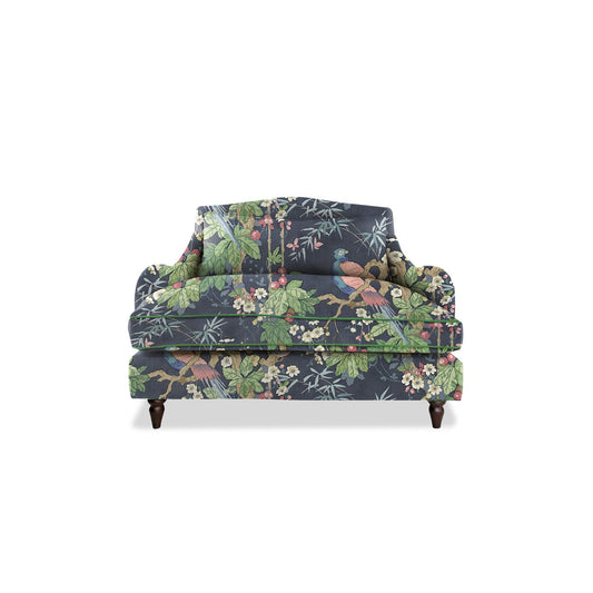 Felix Loveseat in Natural Linen Belleville Navy with Velvet Trim - Hand Made in USA