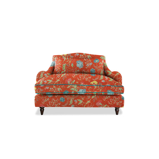 Felix Loveseat in Natural Linen Wildwood Pumpkin with Velvet Trim - Hand Made in USA