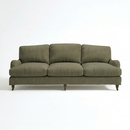Isobel Loose Cover 4 Seater Sofa in Cotton Linen Potting Moss - Hand Made in USA - front