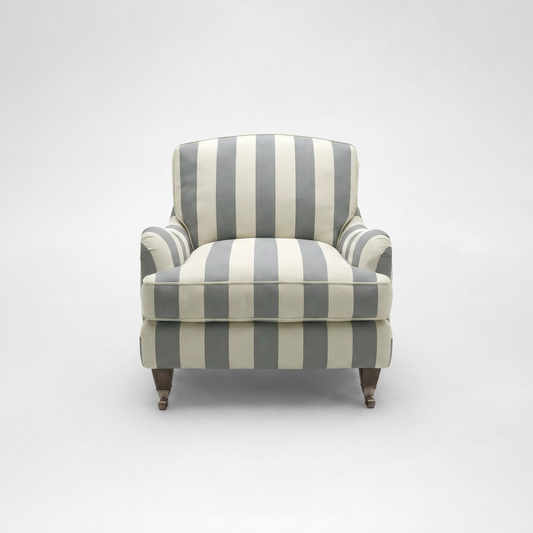 Isobel Armchair with Big Back Cushion in Garden Grey Stripe - Hand Made in USA