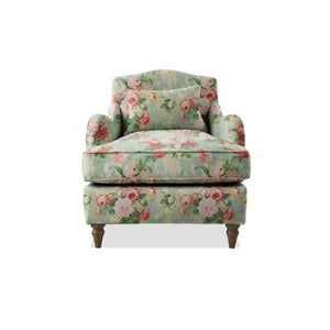 Felix Armchair with Fixed Back in Natural Linen English Garden Grey Skies - Hand Made in USA