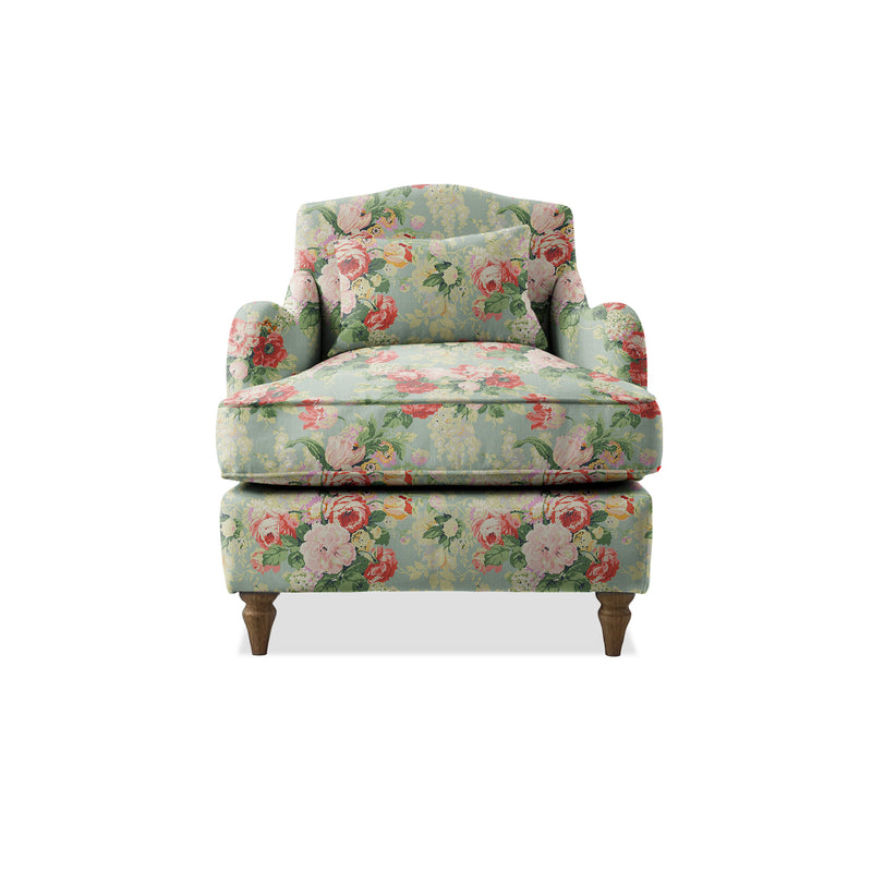 Felix Armchair with Fixed Back in Natural Linen English Garden Grey Skies - Hand Made in USA
