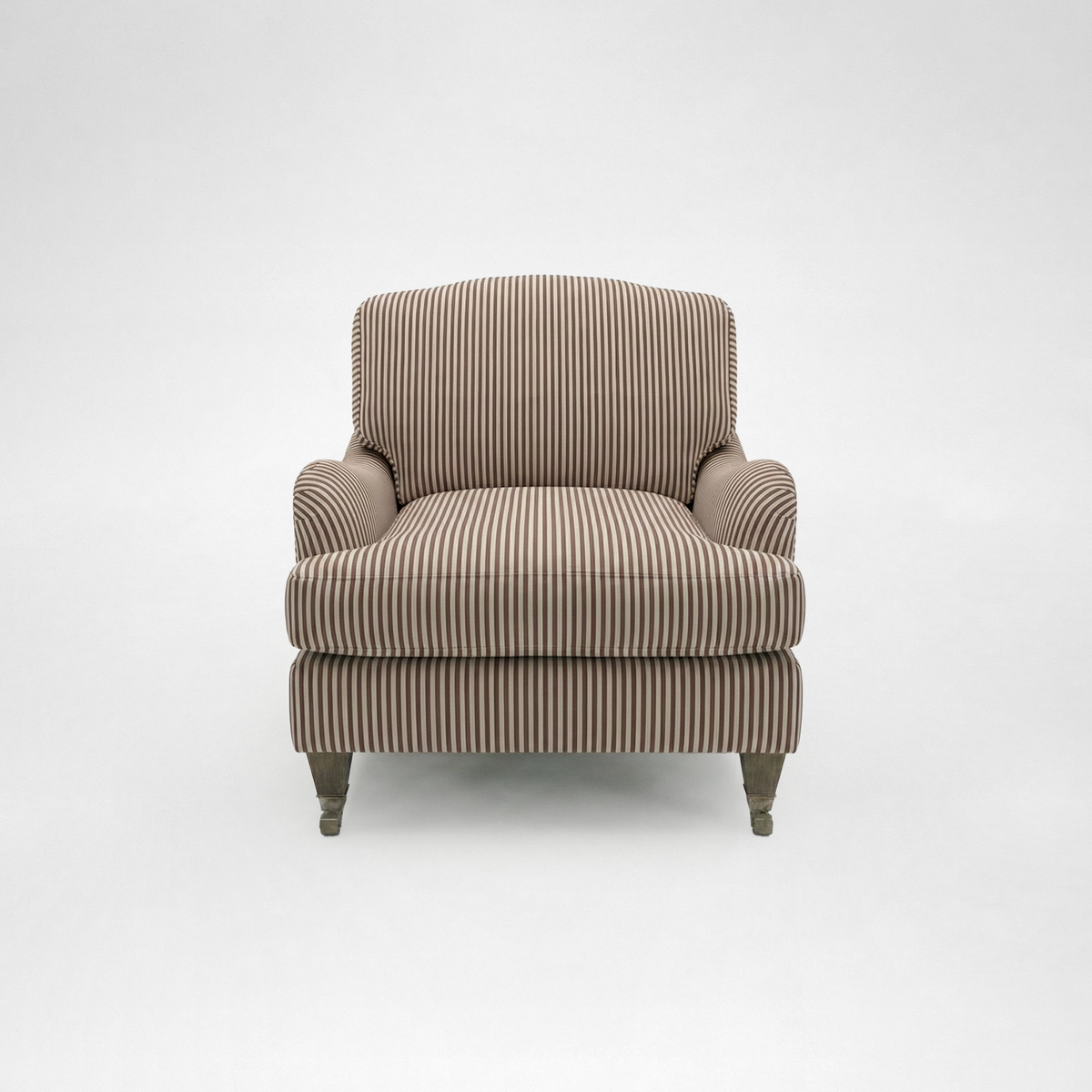 Isobel Armchair with Big Back Cushion in Narrow Chocolate Stripe - Hand Made in USA