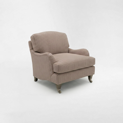 Isobel Armchair with Big Back Cushion in Narrow Chocolate Stripe - Hand Made in USA