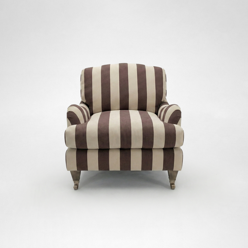Isobel Armchair with Big Back Cushion in Chocolate Stripe - Hand Made in USA