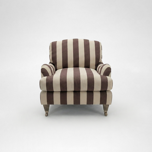Isobel Armchair with Big Back Cushion in Chocolate Stripe - Hand Made in USA