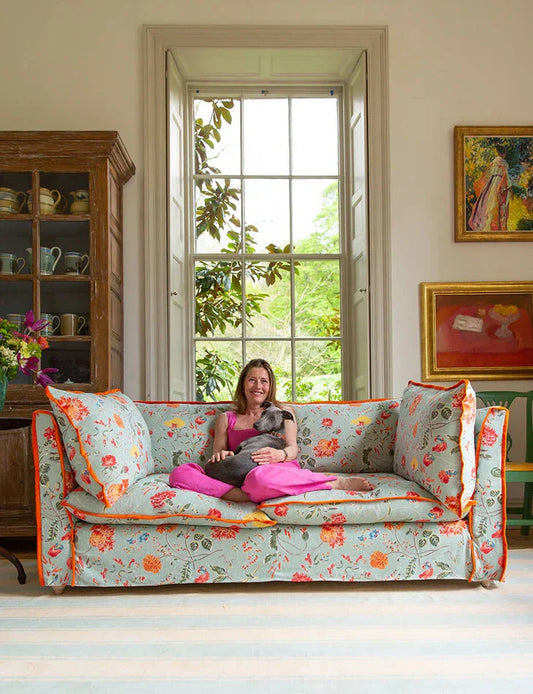 Coco 2.5 seater sofa with Contrast Welt Knife Edge cushion in Andrew Martin Wildwood Duck Egg  - Hand Made in USA (Available for Quick Ship)