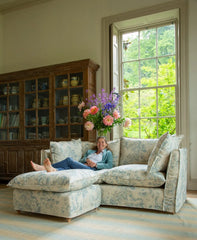 Coco Footstool with Self Piped Knife Edge cushion in Andrew Martin Midsummer Faded Blue  - Hand Made in USA