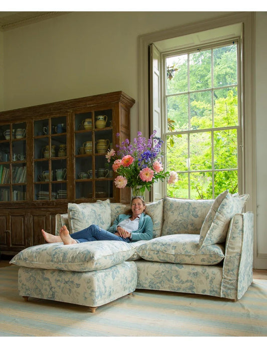 Coco 2.5 seater sofa with Self Piped Knife Edge cushion in Andrew Martin Midsummer Faded Blue - Hand Made in USA