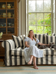 Salthrop Sofa with Self Piped Knife Edge cushion in Stripes Black and White - Hand Made in USA