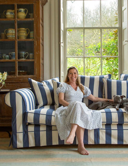 Salthrop Large Sofa with Self Piped Knife Edge cushion in Stripes Sea Holly - Hand Made in USA