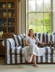 Salthrop Sofa with Self Piped Knife Edge cushion in Stripes Sea Holly - Hand Made in USA