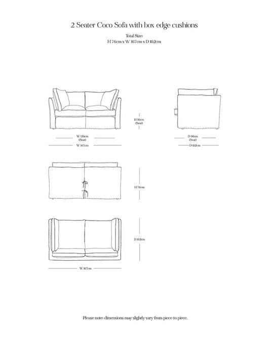 Coco 2 seater sofa with Self Piped Box Edge cushion in Customers Own Material (excl. Fabric)  - Hand Made in USA