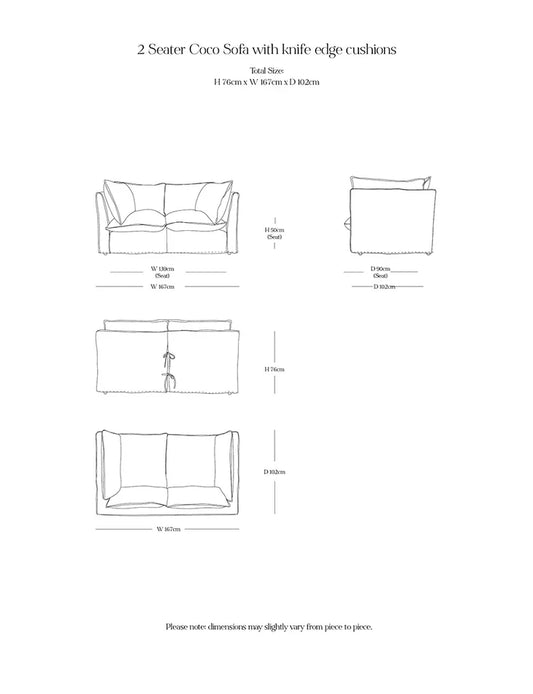 Coco 2 seater sofa with Self Piped Knife Edge cushion in Customers Own Material (excl. Fabric)  - Hand Made in USA