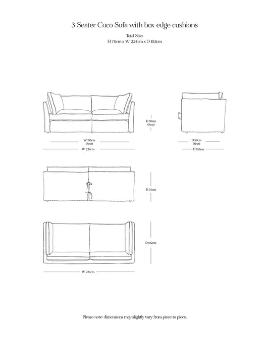 Coco 3 seater sofa with Self Piped Box Edge cushion in Customers Own Material (excl. Fabric)  - Hand Made in USA