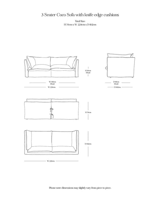 Coco 3 seater sofa with Contrast Piped Knife Edge cushion in Customers Own Material (excl. Fabric)  - Hand Made in USA